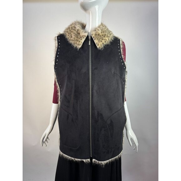 Dennis Basso Faux Fur Trimmed Studded Suede Vest Luxe Winter Layering Piece - Picture 7 of 16